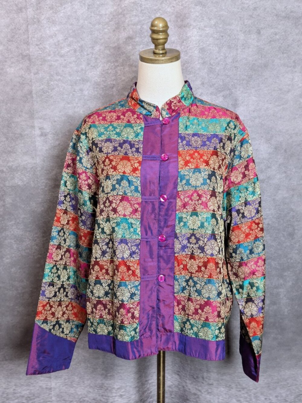 Vtg Coldwater Creek Asian Brocade Quilted Jacket L Jewel Tone Patchwork Boho